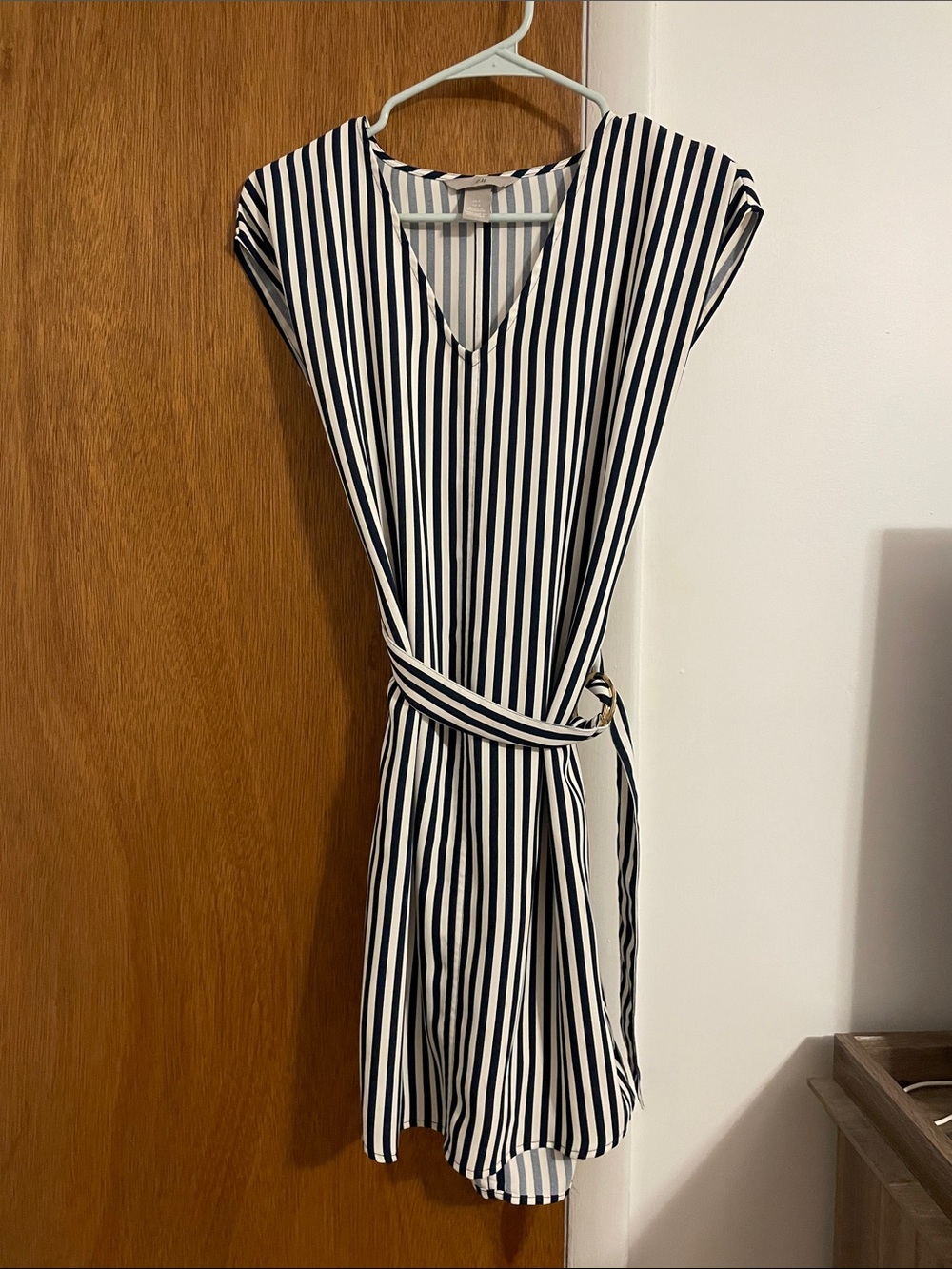 H&M Navy and White Striped V-Neck Belted Mini Dress